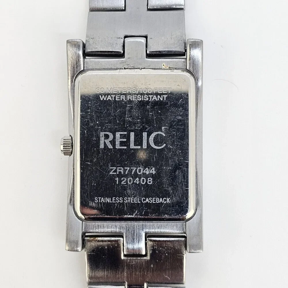 Relic‎ Tank Watch Men 27mm ZR77044 Silver Tone Black Dial Date New Battery 7.5
